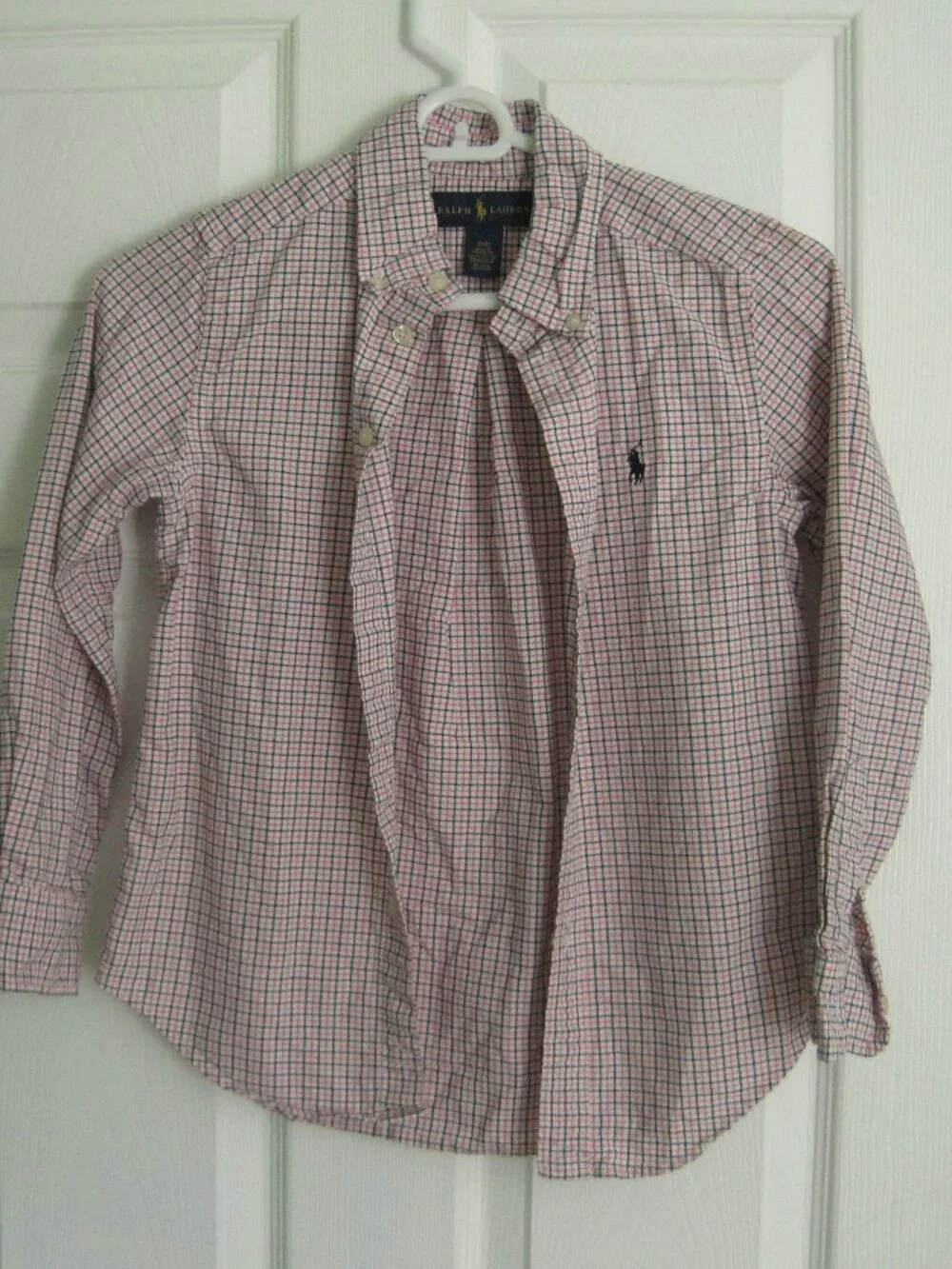 Ralph Lauren Boys Pink Black Plaid Oxford Button Down Cotton Dress Shirt Sz S/8